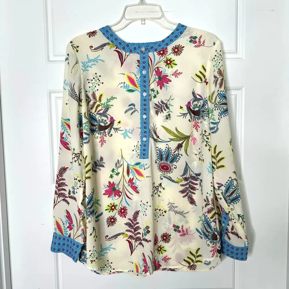 Talbots Womens Large LS Cream Floral Popover Tunic Blouse Career Casual - Picture 9 of 9